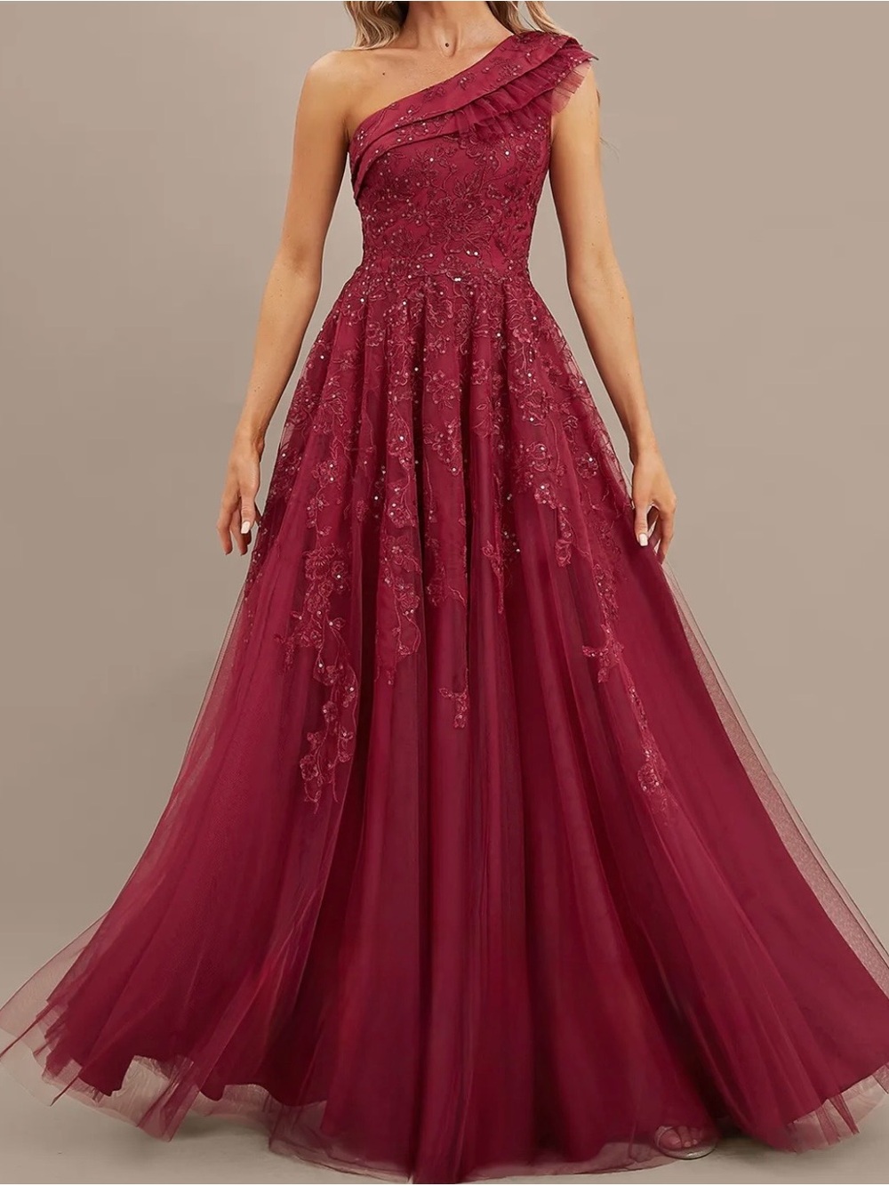 JJs House One-Shoulder Wine Red Embroidered Evening Gown